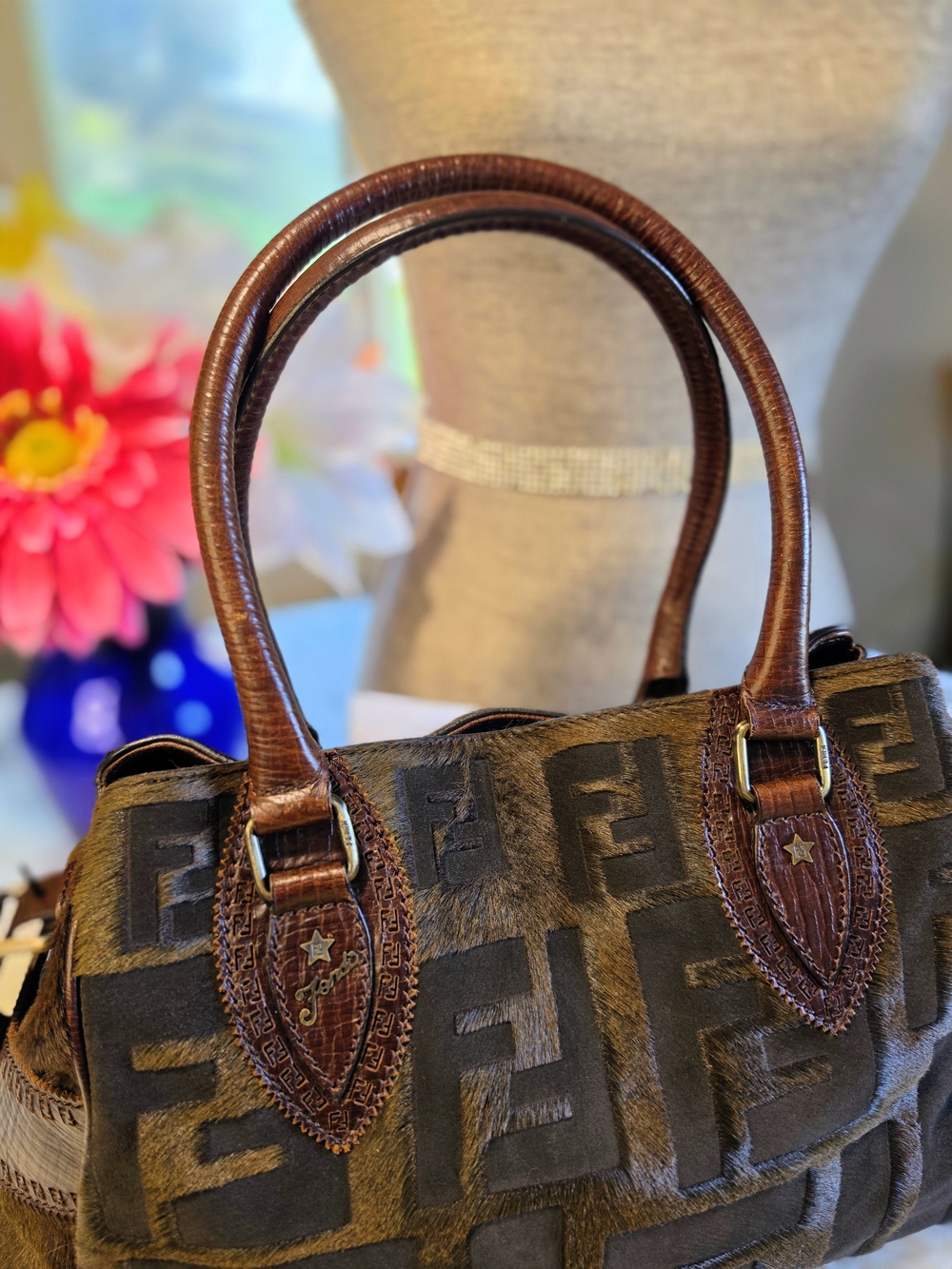 Fendi Zucca FF Pony Hair & Suede Satchel with Leather Handles EUC - Picture 3 of 16